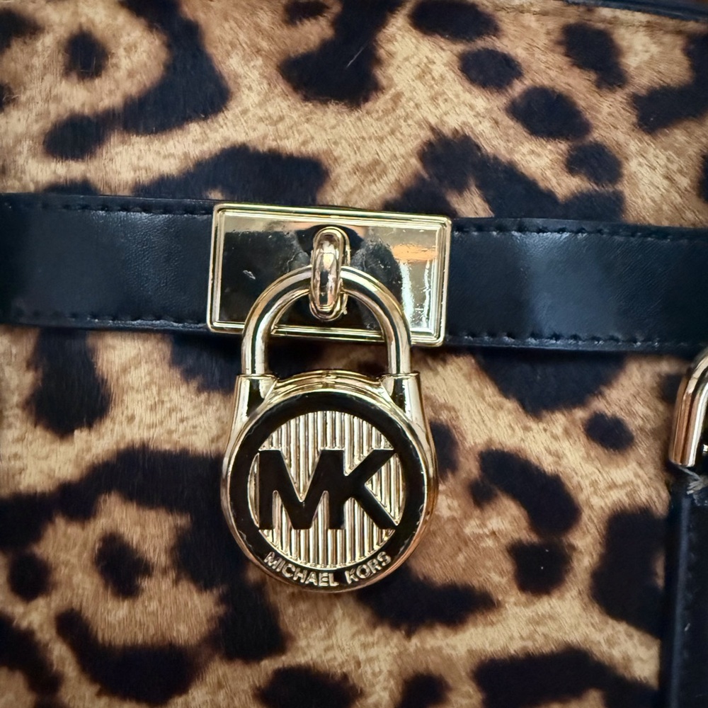 Michael Kors Hamilton Leopard Print Calf Hair Black Leather Satchel Handbag Gold - Picture 2 of 2